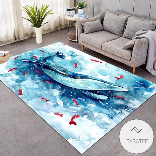 Blue Ocean Whale Fish Ombre Theme Rug Living Room Carpet