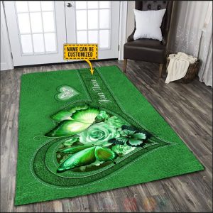 Butterfly-Flower Heart Custom Name Green Rug