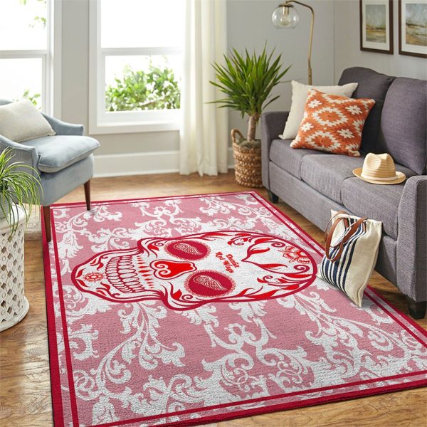 Detroit Red Wings Team Logo Skull Flower Style Nice Gift Home Decor Rectangle Area Rug