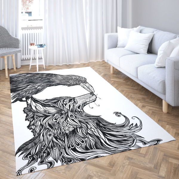 Fenrir And Raven Line Art – Viking Area Rug