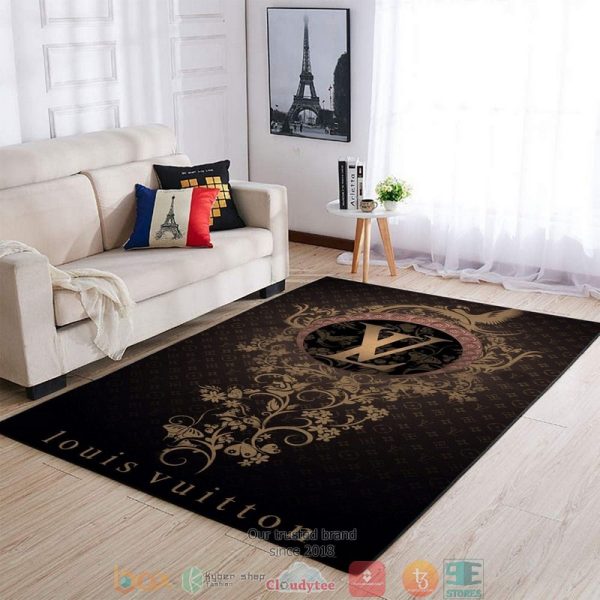 Louis Vuitton Lv Gold Flower Pattern Black Rug Carpet