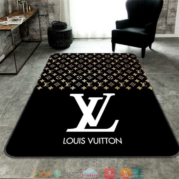 Louis Vuitton White Gold Logo Black Carpet Rug