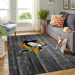 Pittsburgh Penguins Nhl Team Logo Grey Wooden Style Nice Gift Home Decor Rectangle Area Rug