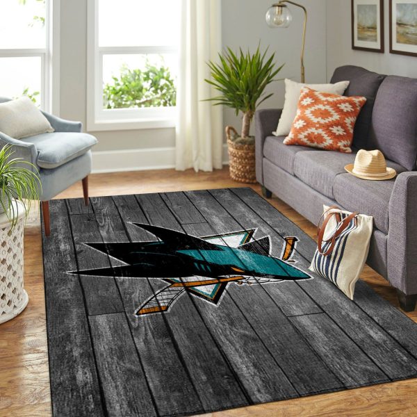 San Jose Sharks Nhl Team Logo Grey Wooden Style Nice Gift Home Decor Rectangle Area Rug