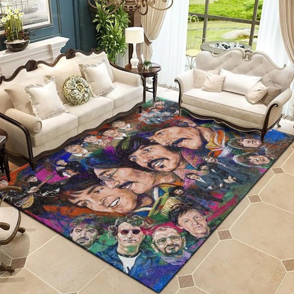 The Beatles Members Faces Through Time Colorful Drawing Living Room Area Rug Carpet