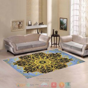 Versace Black Gold Circle Pattern Blue Rug Carpet