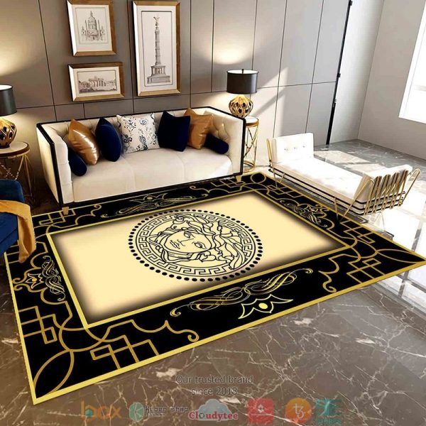 Versace Black Logo Floral Pattern Black Border Rug Carpet