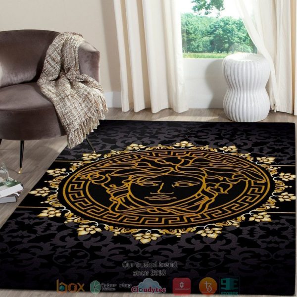 Versace Gold Circle Logo Pattern Black Rug Carpet