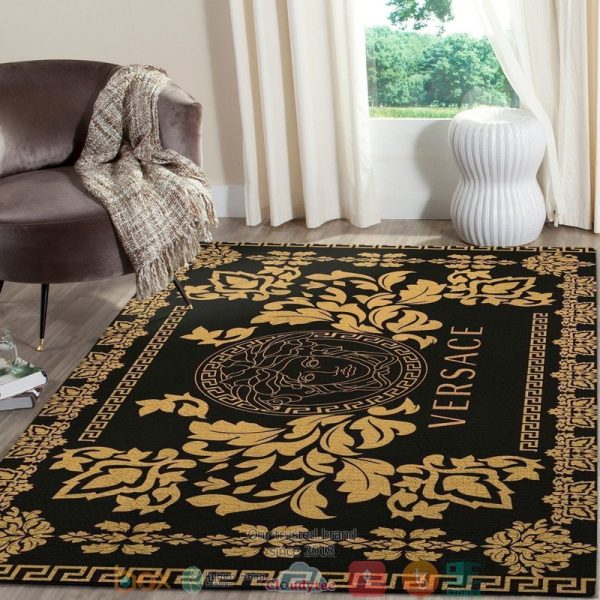 Versace Gold Flower Pattern Border Black Rug Carpet