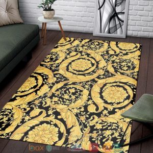 Versace Gold Flower Pattern Luxury Black Rug Carpet