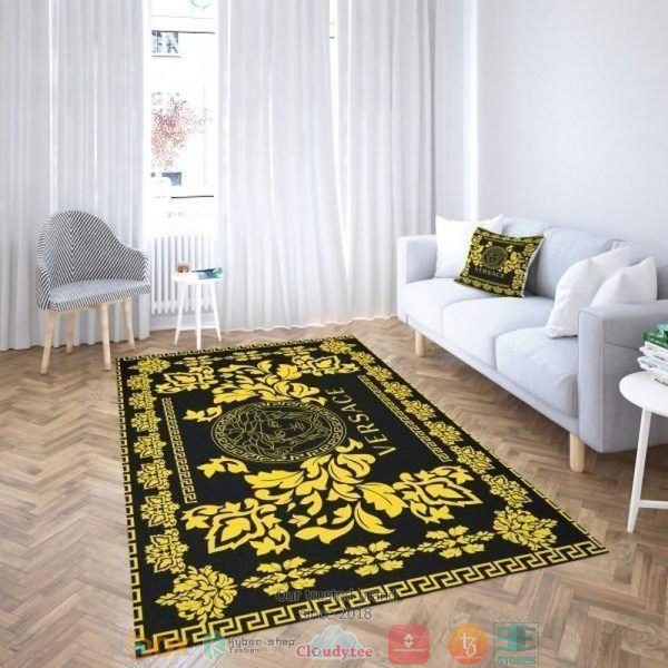 Versace Gold Flower Square Logo Pattern Black Rug Carpet