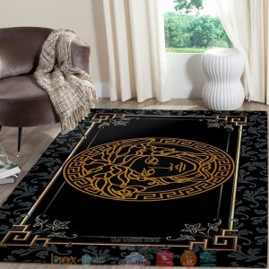 Versace Gold Logo Border Sink Flower Pattern Black Rug Carpet