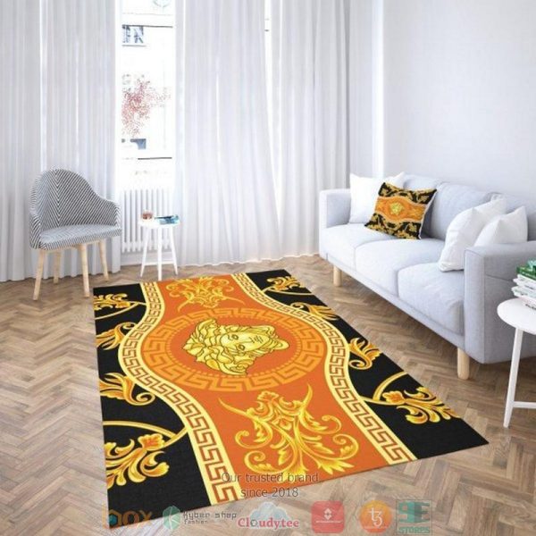 Versace Gold Logo Pattern Black Orange Rug Carpet