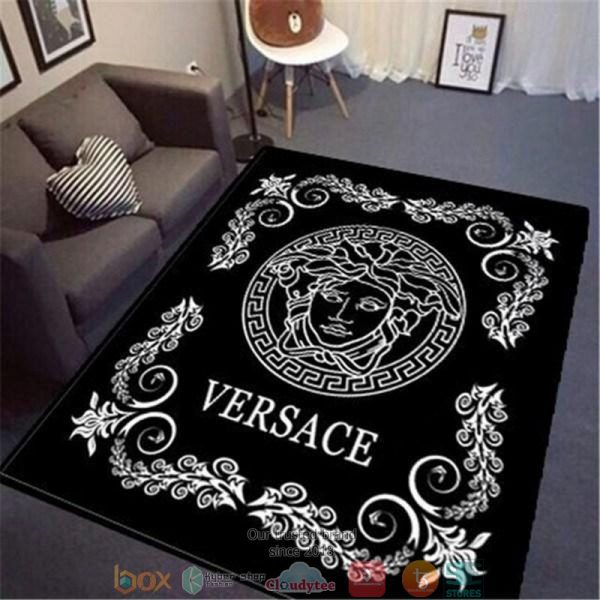 Versace White Logo Border Black Rug Carpet