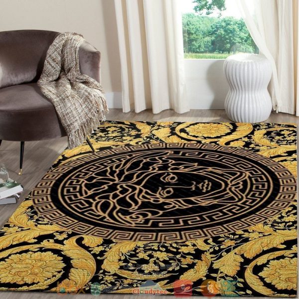 Versace Yellow Circle Logo Floral Pattern Black Rug Carpet