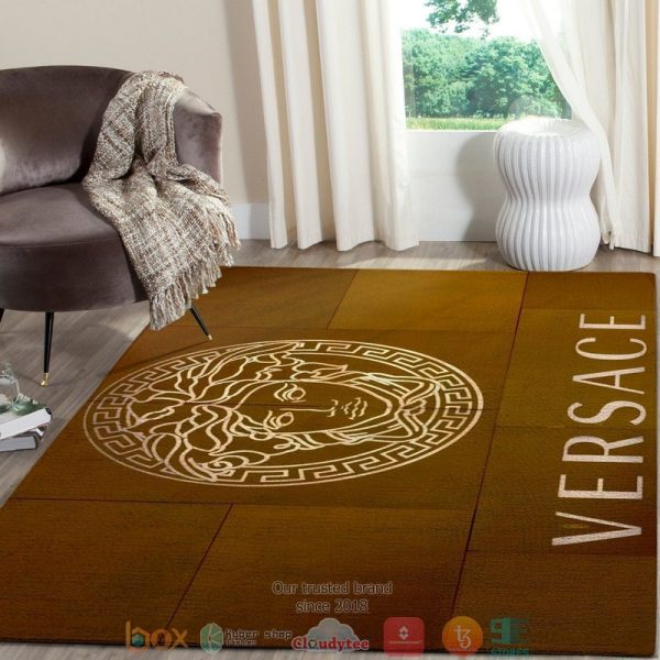 Versace Yellow Gold Logo Brown Rug Carpet