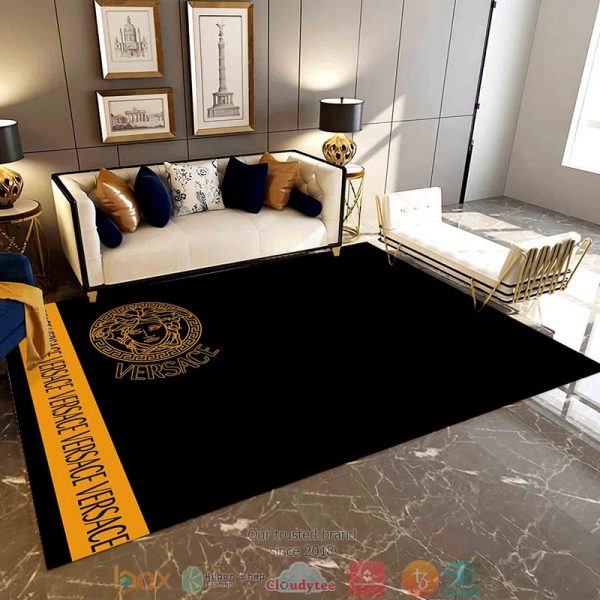 Versace Yellow Gold Logo Orange Line Pattern Black Rug Carpet