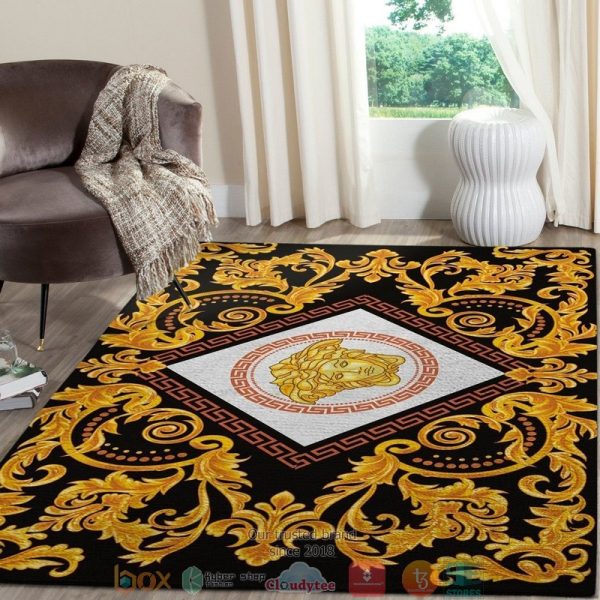 Versace Yellow Rhombus Logo Floral Pattern Black Rug Carpet